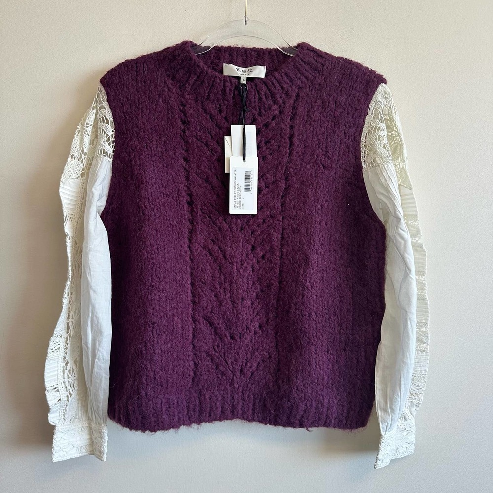 NWT Sea Mixed-Media Crewneck Sweater Alpaca Merino Wool Blend Burgundy Sz S